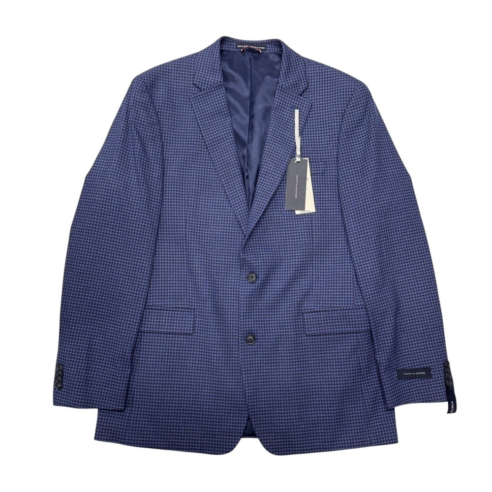 Tommy Hilfiger Blazer Mens 42L Blue Red Houndstooth Stretch Sport Coat NWT $295